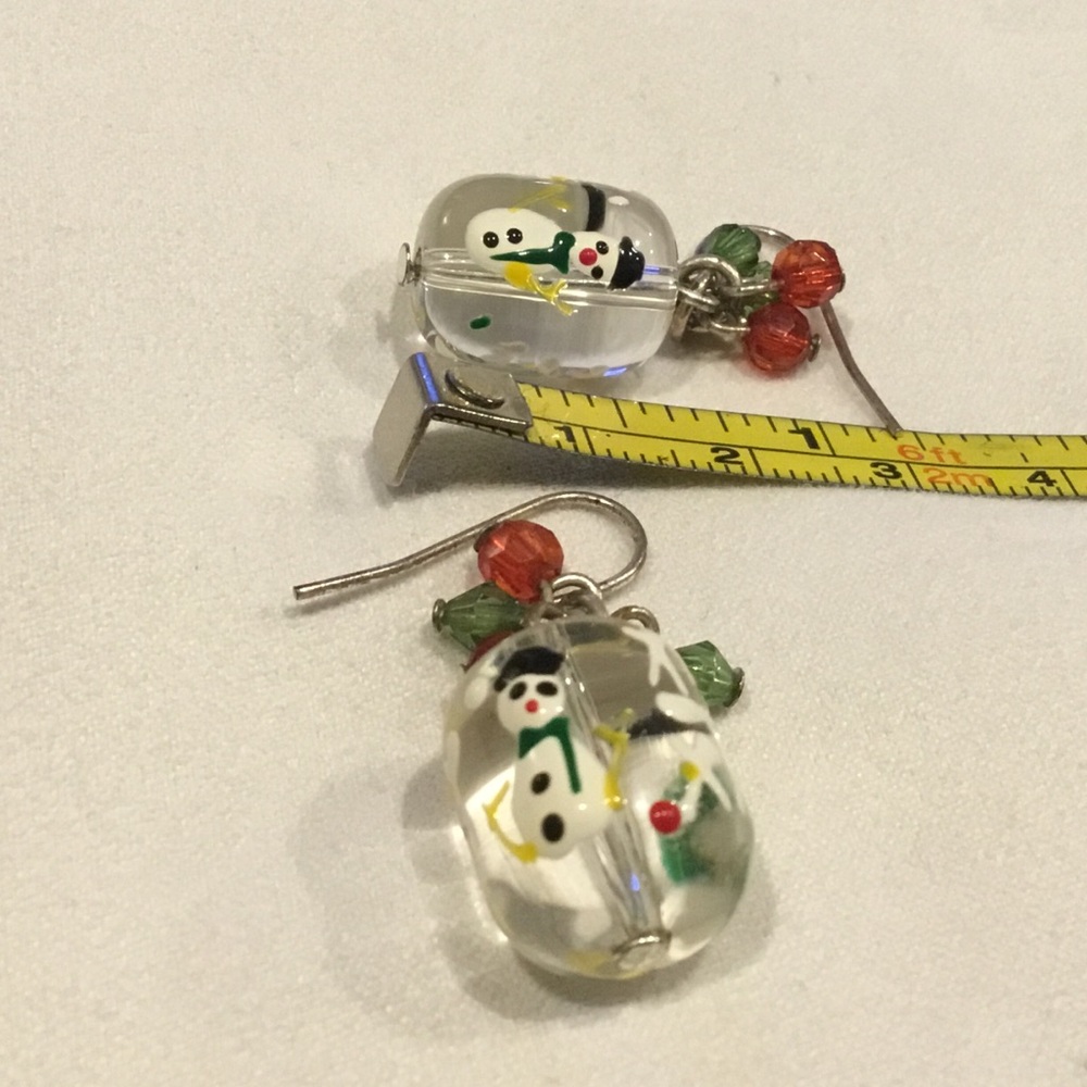 Vintage Lampwork Glass Snowman Mistletoe Earrings - Picture 3 of 3